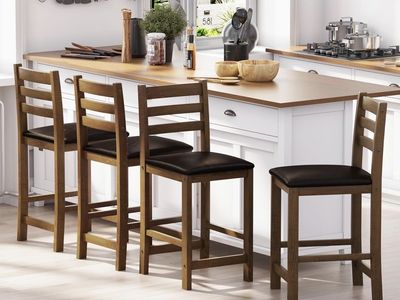 Set of 4 Wood Counter Height Stools with Black Faux Leather Seats