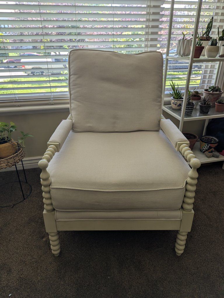 POTTERY BARN
Cream Spindle Arm Accent Chair with Upholstered Cushions