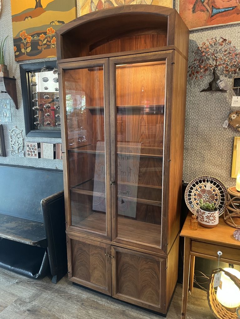 Vintage Walnut Display Curio Cabinet Arched Shelf