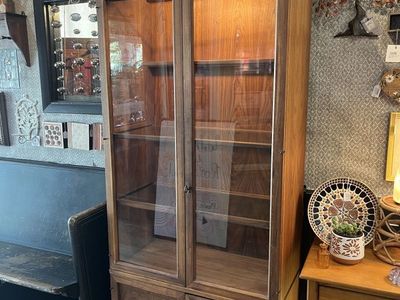 Vintage Walnut Display Curio Cabinet Arched Shelf