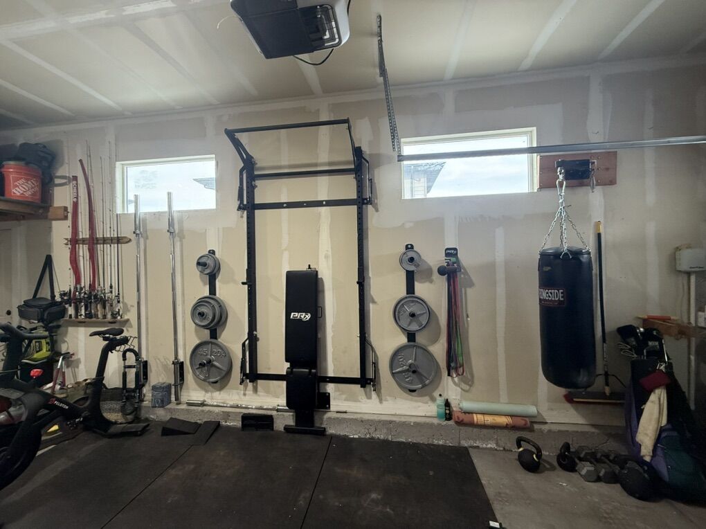 PRx Folding Wall Rack+Bench+Plates+Bars (BUNDLE)