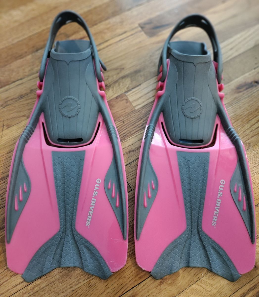 U.S. Divers Proflex Jr. adjustable, open-heel snorkeling fins in pink and gray