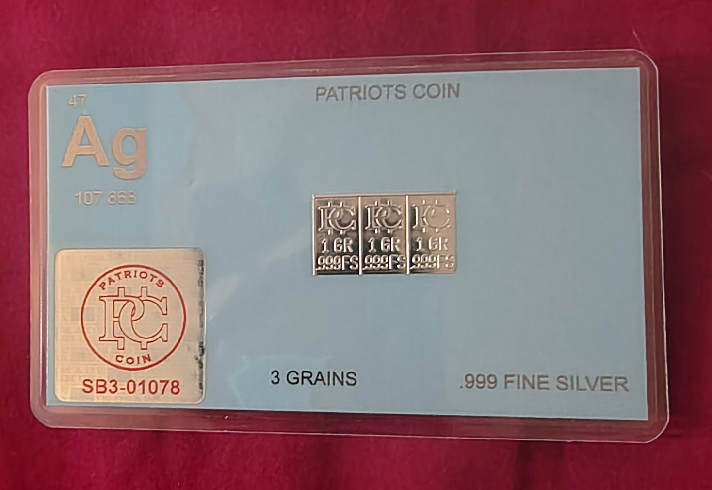Patriots Coin 3 Grains .999 Fine Silver Bar Set in Protective Case
