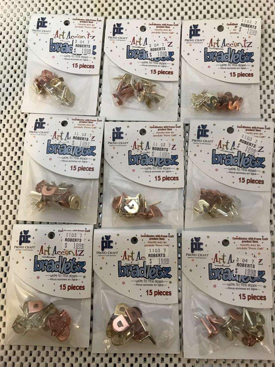 Bradletz Lot of 9 Packages of Brads D, G, O, S & U, 15 pcs per Package, NIP & Alpha Snaps