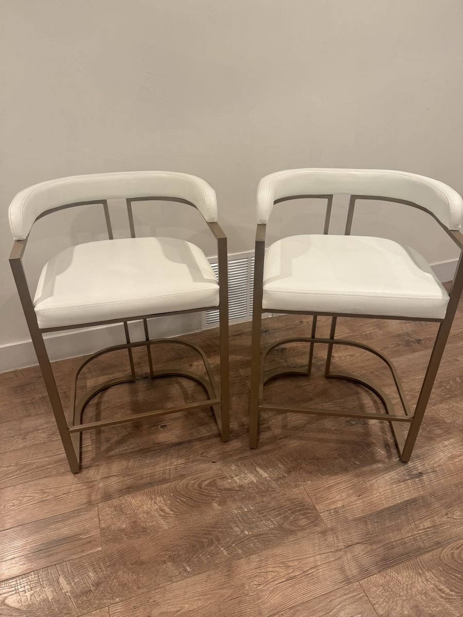 4 Modern White Faux Leather Counter Stool with Gold Tone Metal Frame