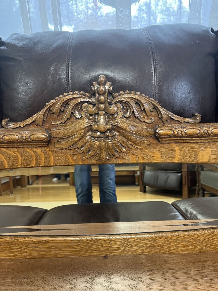 Large Antique Beveled Mirror with a Carved Lion Head Shelf all Oak Wood