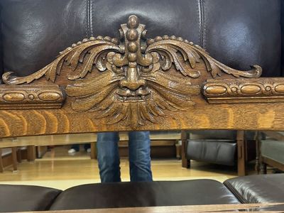 Large Antique Beveled Mirror with a Carved Lion Head Shelf all Oak Wood