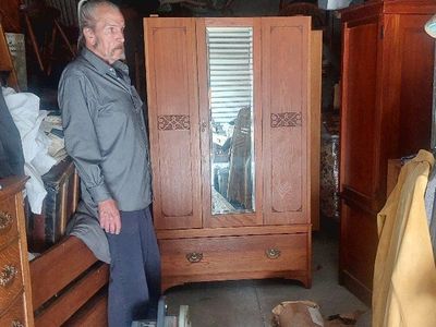 Vintage Oak Wardrobe Armoire with Mirror & Drawer - Classic Wood Storage Cabinet