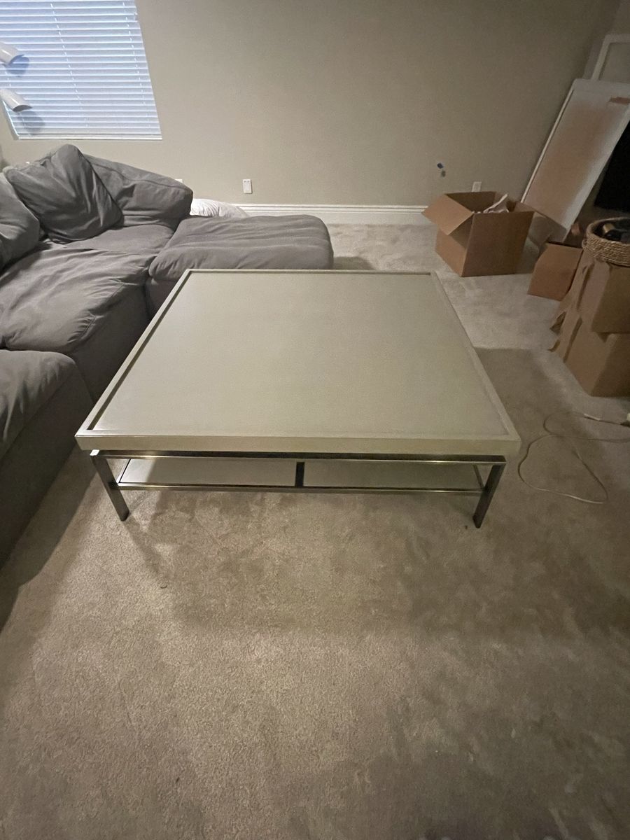 Modern Square Coffee Table - Light Grey Top, Metal Frame, Lower Shelf