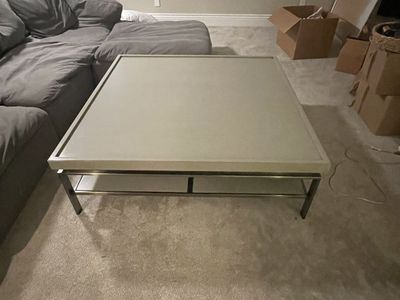 Modern Square Coffee Table - Light Grey Top, Metal Frame, Lower Shelf