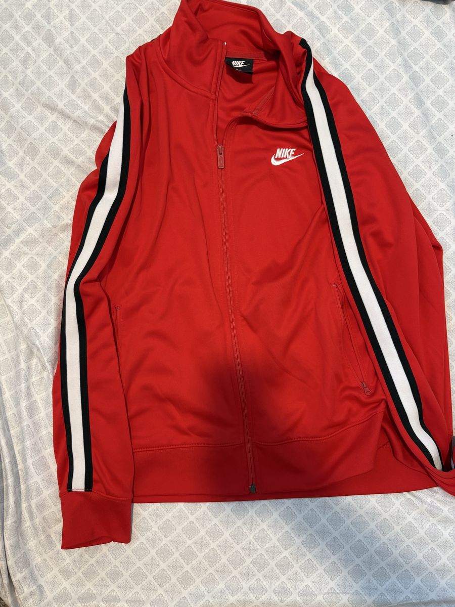 Nike Red Track Jacket Full Zip with White & Black Stripe Detail - Men's Large