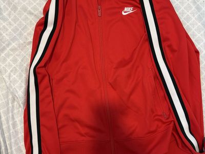 Nike Red Track Jacket Full Zip with White & Black Stripe Detail - Men's Large