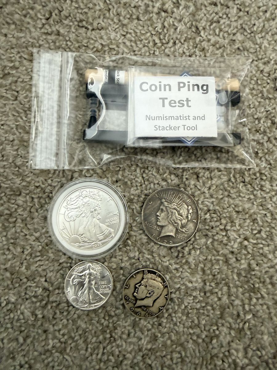 Official Pocket Pinger gold and silver tester tool with fake coins and wood stick