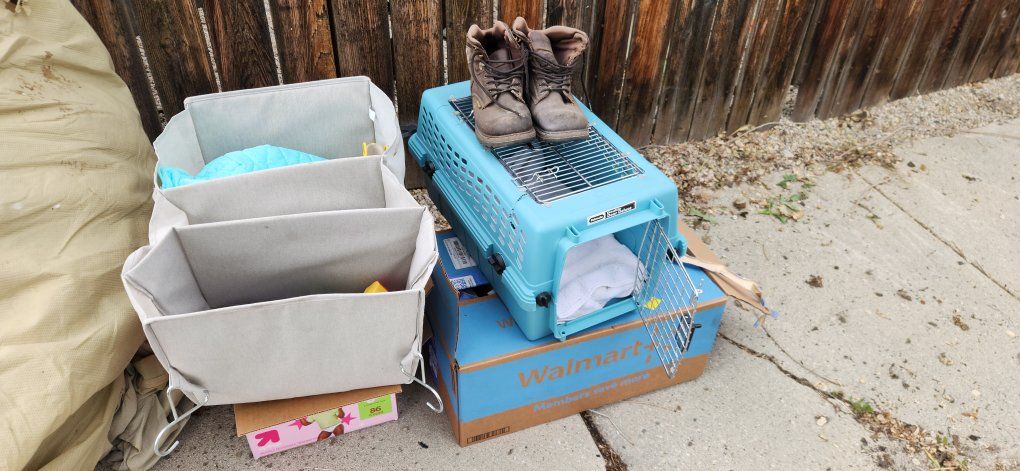 kids clothes, shoe shelf thing. cat crate, other random things