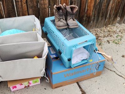 kids clothes, shoe shelf thing. cat crate, other random things