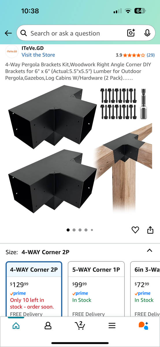 4-Way Pergola Brackets Kit for 6”x6” f(2 Pack) — New