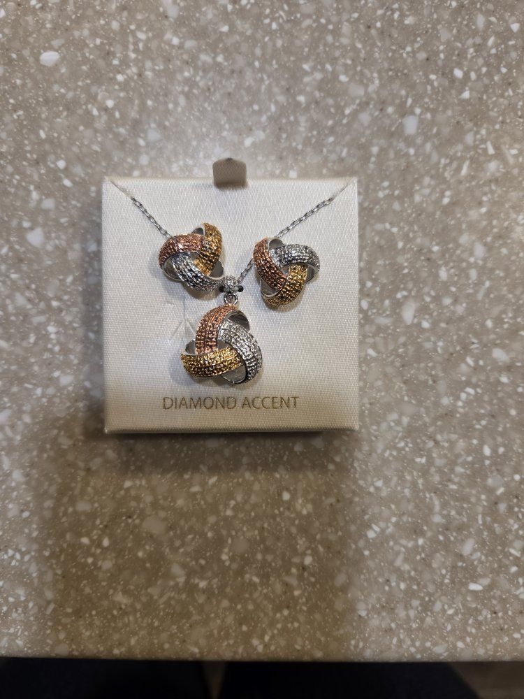 Diamond Accent Two-Tone Knot Necklace & Earrings Set - Silver, Rose Gold, Gold