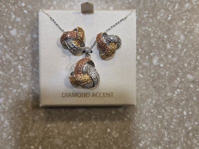 Diamond Accent Two-Tone Knot Necklace & Earrings Set - Silver, Rose Gold, Gold