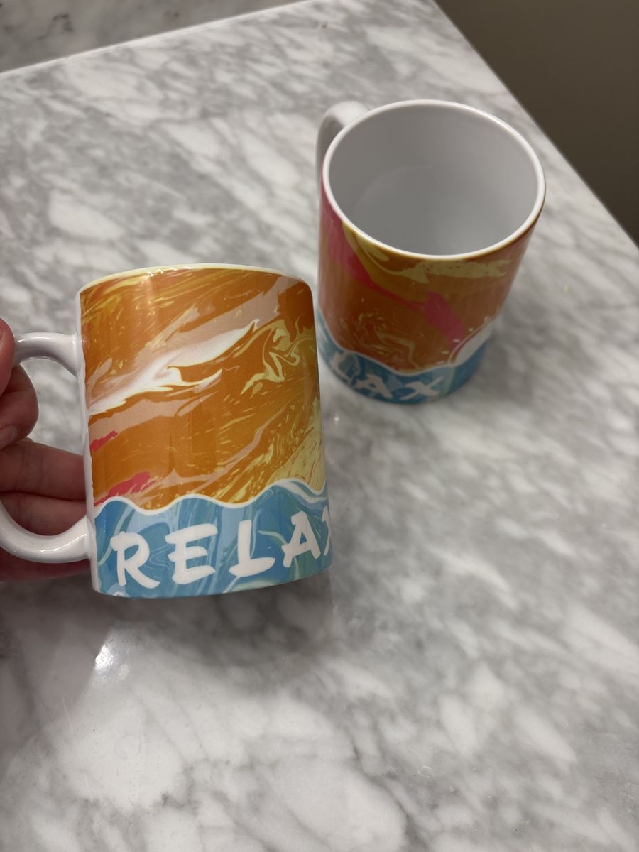 Relax Beach Theme Coffee Mug Set - Orange & Blue Swirl Design