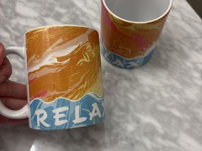 Relax Beach Theme Coffee Mug Set - Orange & Blue Swirl Design