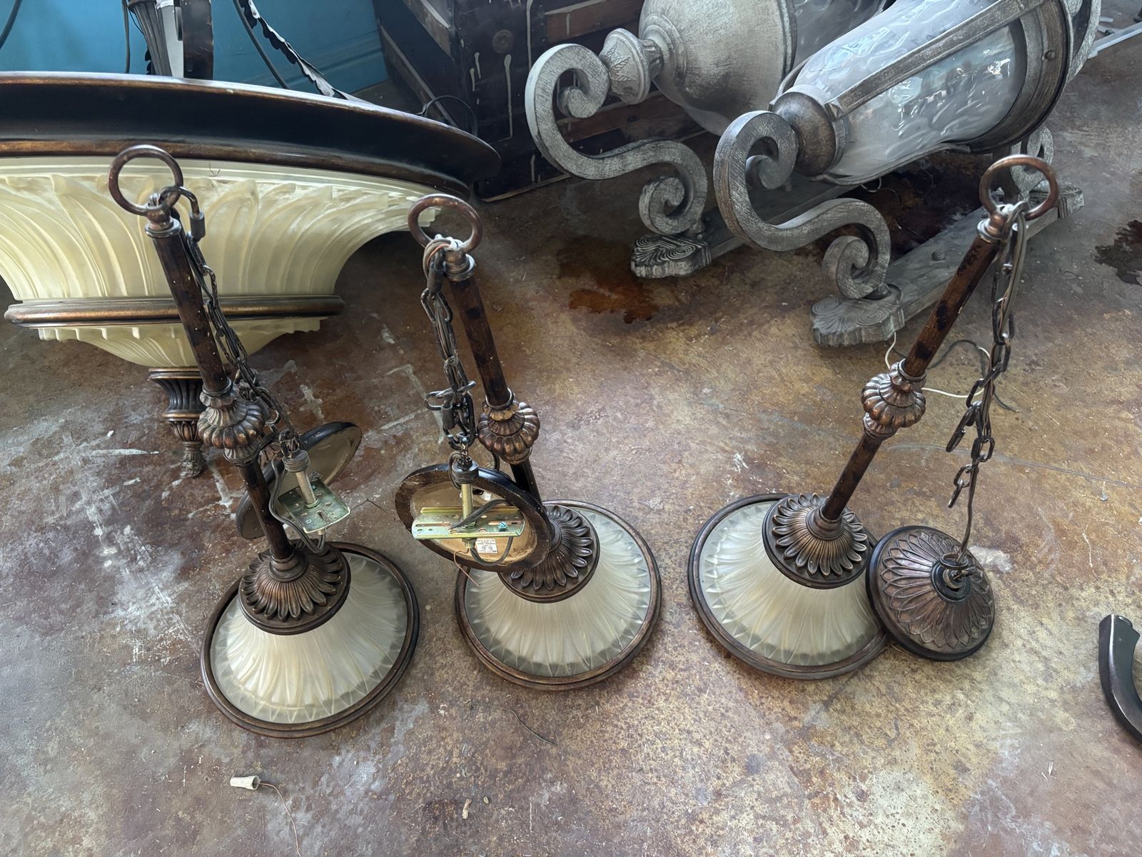 Set of 3 Vintage Style Bronze Pendant Light Fixtures with Frosted Glass Shades
