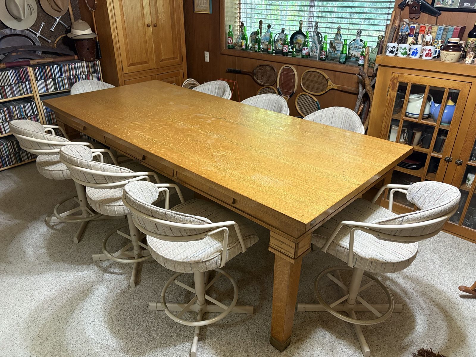 Beautiful antique Quarter Sawn Tigers Oak solid wood table. 8 ft wide! Dining, conference, or art table. Arrow Press SLC UT