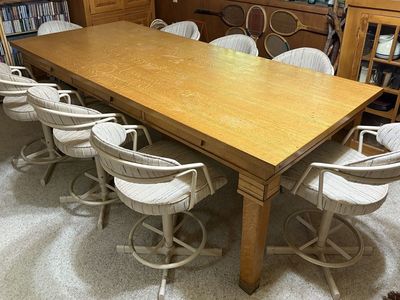 Beautiful antique Quarter Sawn Tigers Oak solid wood table. 8 ft wide! Dining, conference, or art table. Arrow Press SLC UT