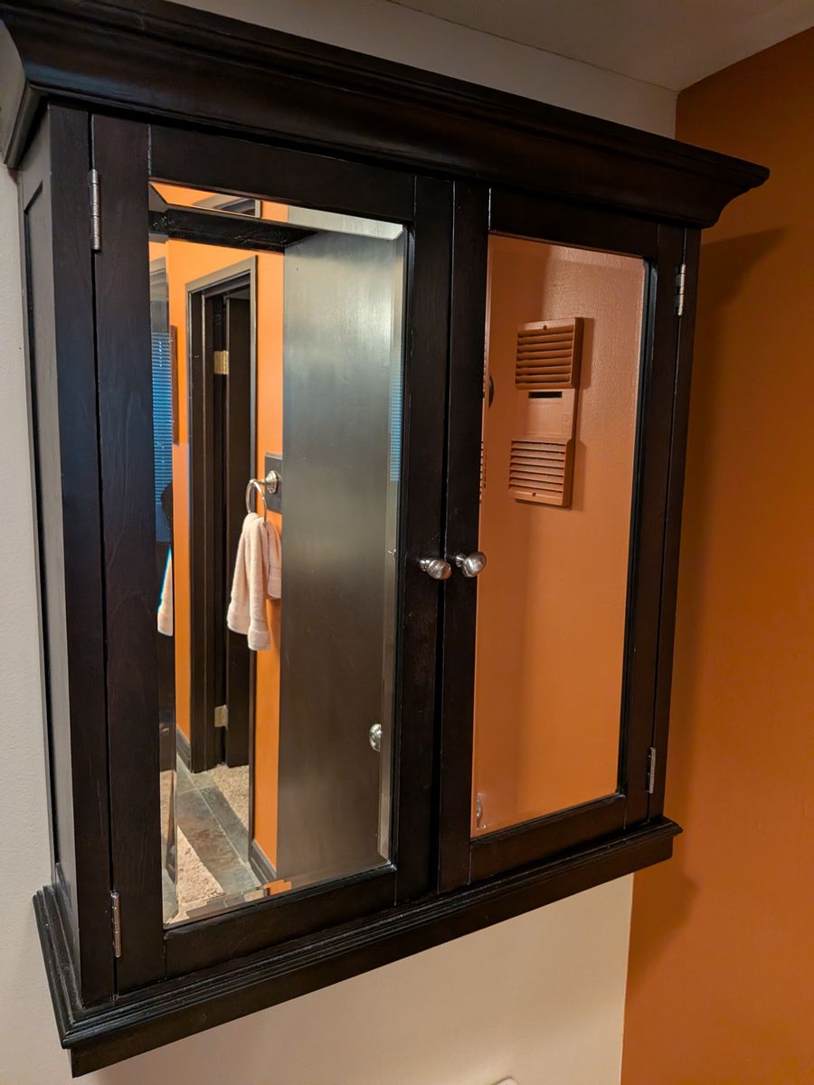 Dark Brown Wooden Wall-Mounted Medicine Cabinet with Mirrored Double Doors
