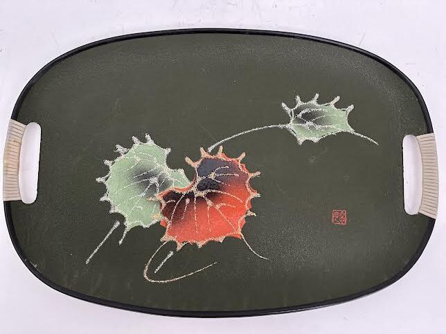 Rossini Japan Vintage Fiberboard Serving Tray Green Orange Abstract Leaf Design with Cream Handles