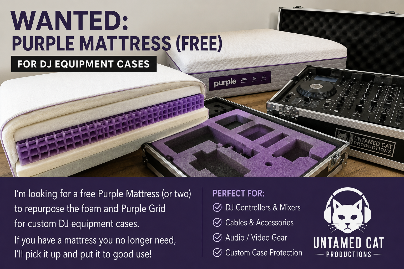 Wanted - Purple mattresses (free) to use to build equipment cases for my Video DJ Startup