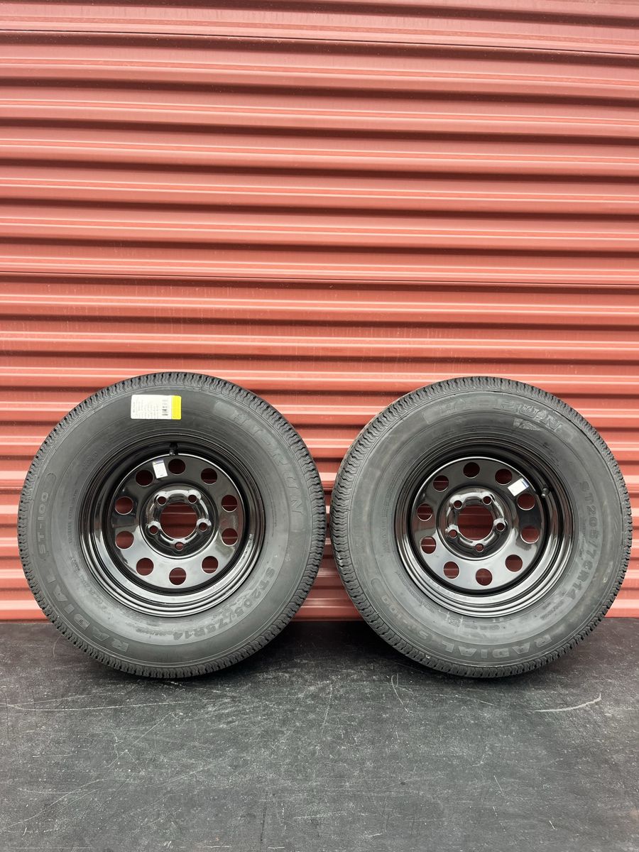    New Set of 2 Hi Run ST 205/75 R 15 Trailer Tires Mounted on New Black Mod Wheels 8 Ply D Load 5 on 4.5 Pattern