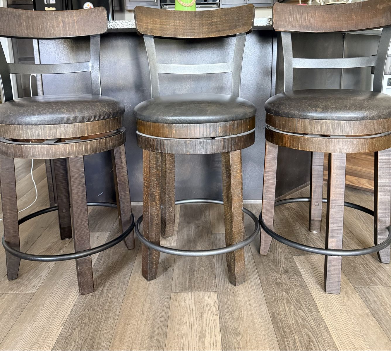 Set of 3 Rustic Swivel Bar Stools with Leather Seats & Metal Accents - Dark Wood Finish