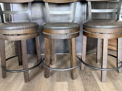 Set of 3 Rustic Swivel Bar Stools with Leather Seats & Metal Accents - Dark Wood Finish