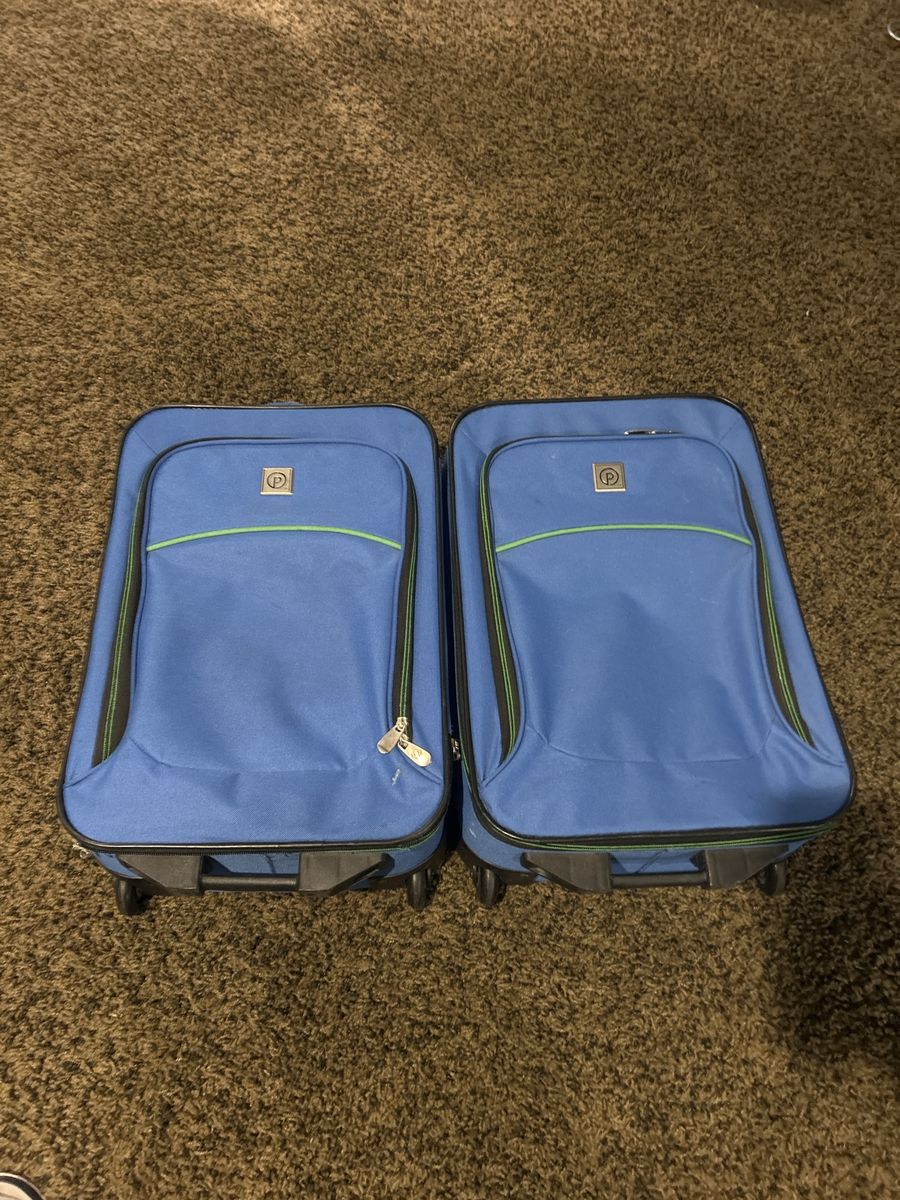 Set of 2 Kids Blue Rolling Suitcases with Green Trim