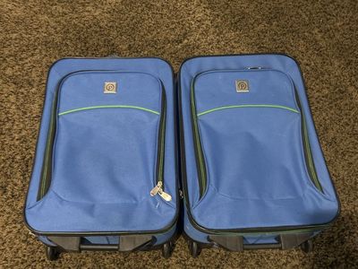 Set of 2 Kids Blue Rolling Suitcases with Green Trim