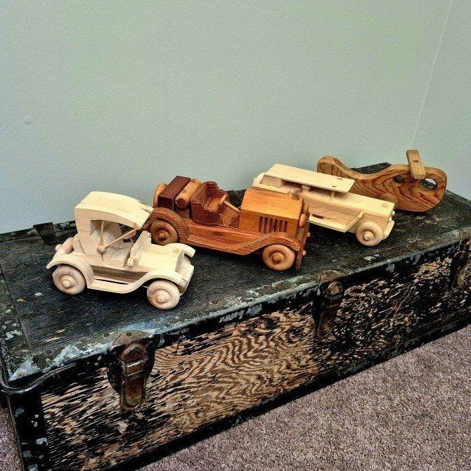 Wooden Toy Cars + Plane - Set of 4 Vintage Style Wood Vehicles, Natural Finish