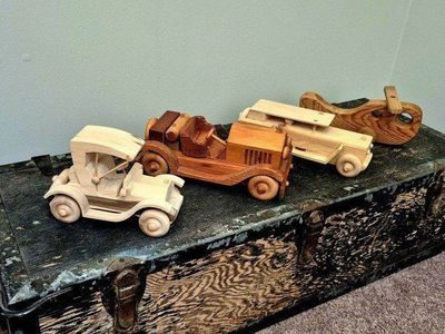 Wooden Toy Cars + Plane - Set of 4 Vintage Style Wood Vehicles, Natural Finish