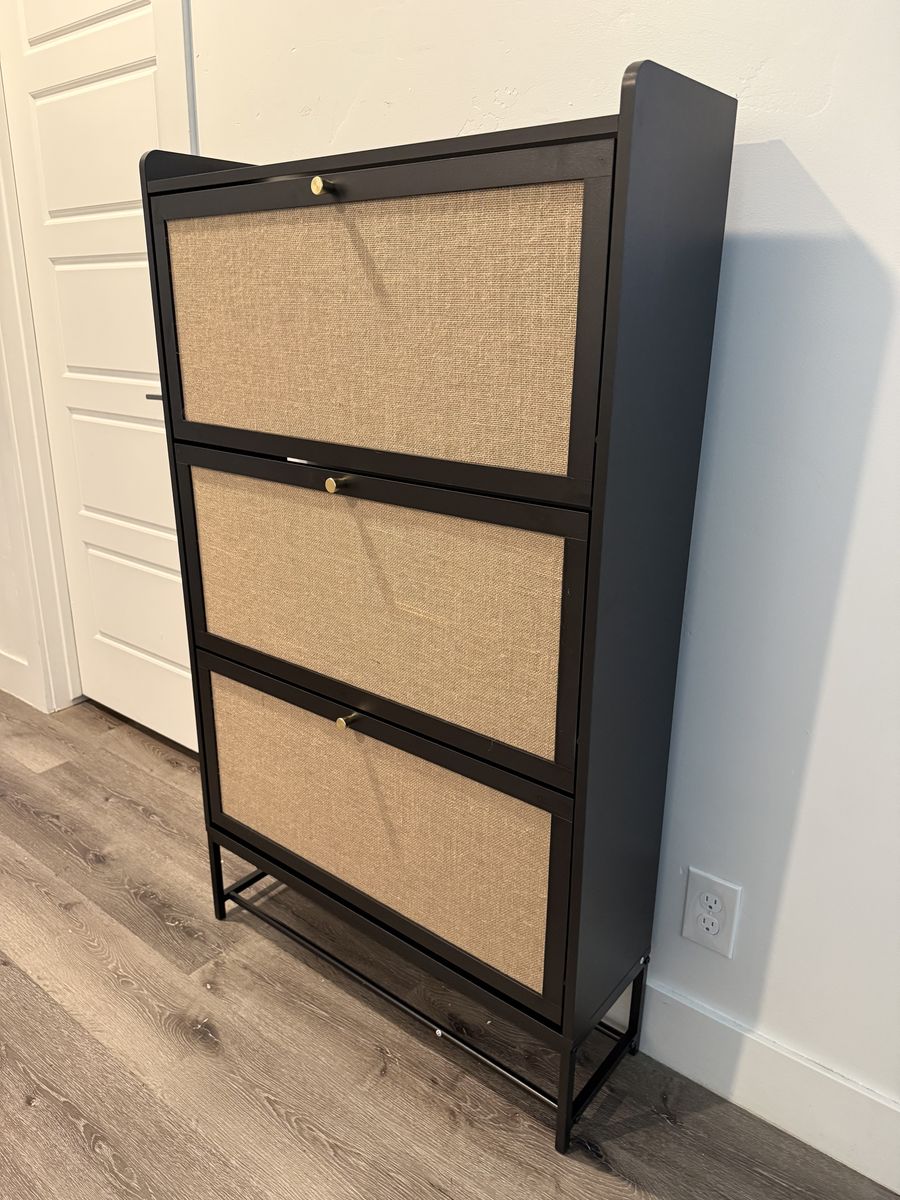 Brand New Modern Black Rattan Shoe Cabinet