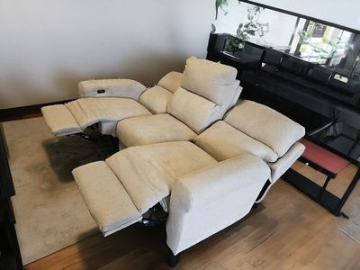 Electric Reclining Sofa - 3 Seater with USB Ports, Beige Fabric - Power Recline Couch