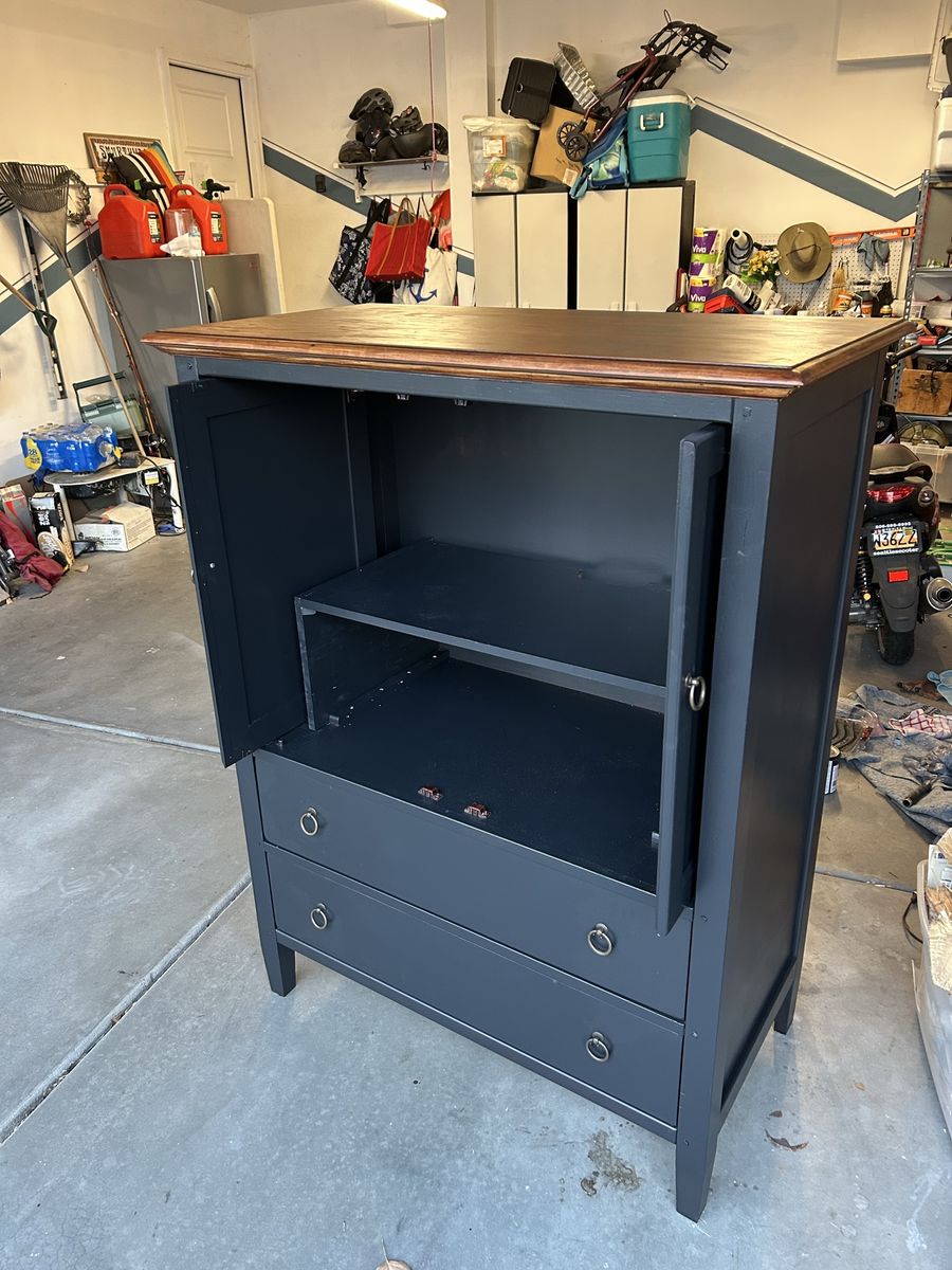 Black Storage Armoire with Wooden Top and Drawers
