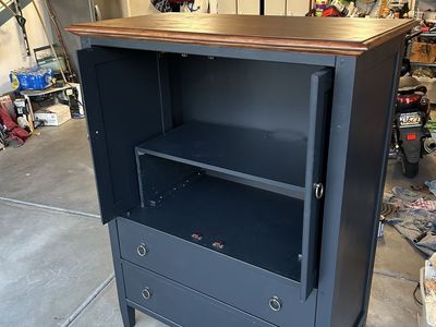 Black Storage Armoire with Wooden Top and Drawers