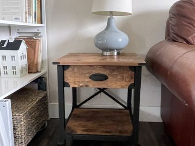 Industrial Rustic End Tables (set of 2) with Drawer & Storage Shelf - Wood & Metal Accent Table