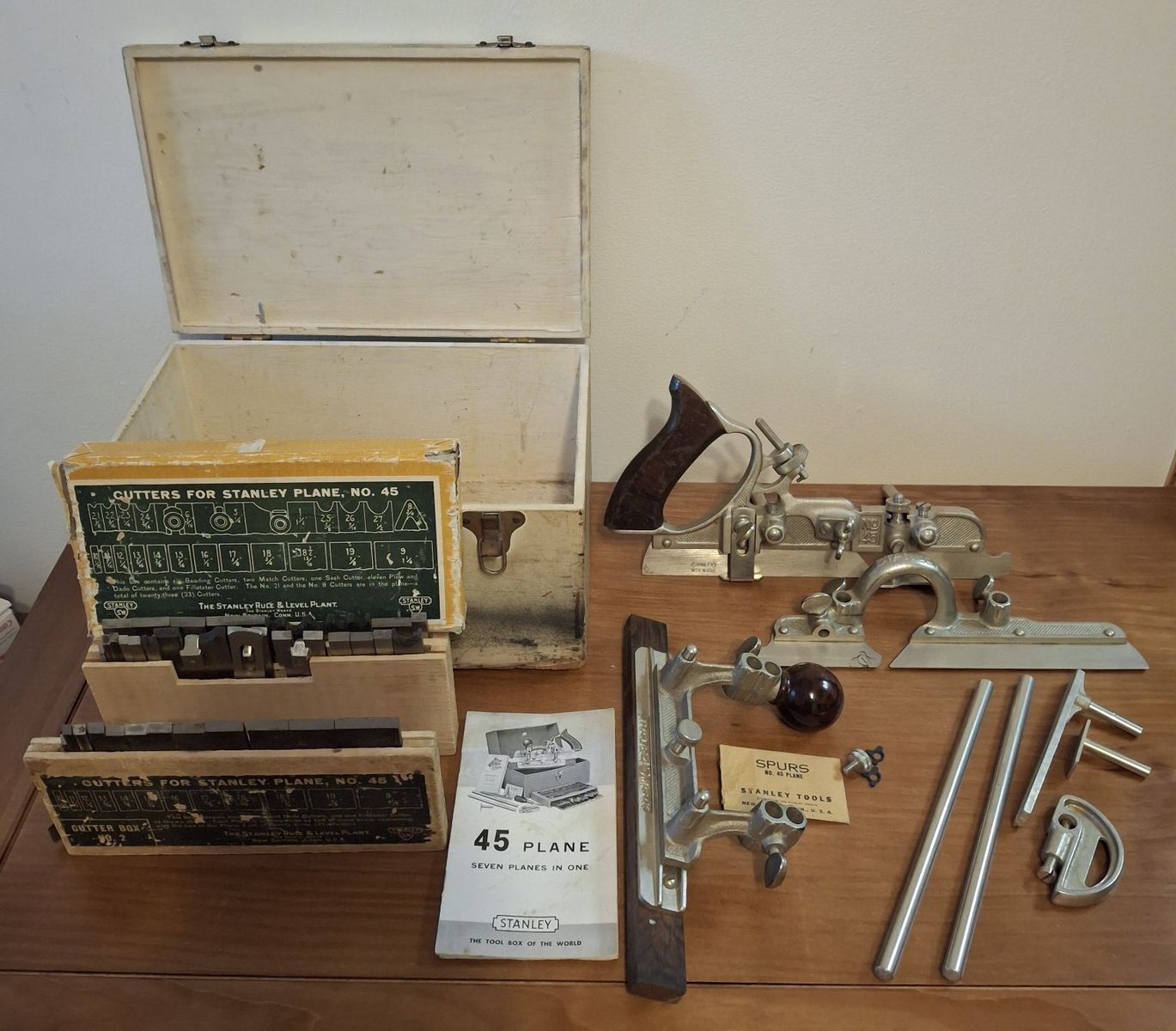Vintage Stanley No. 45 Combination Plane with Box, Cutters, and Manual