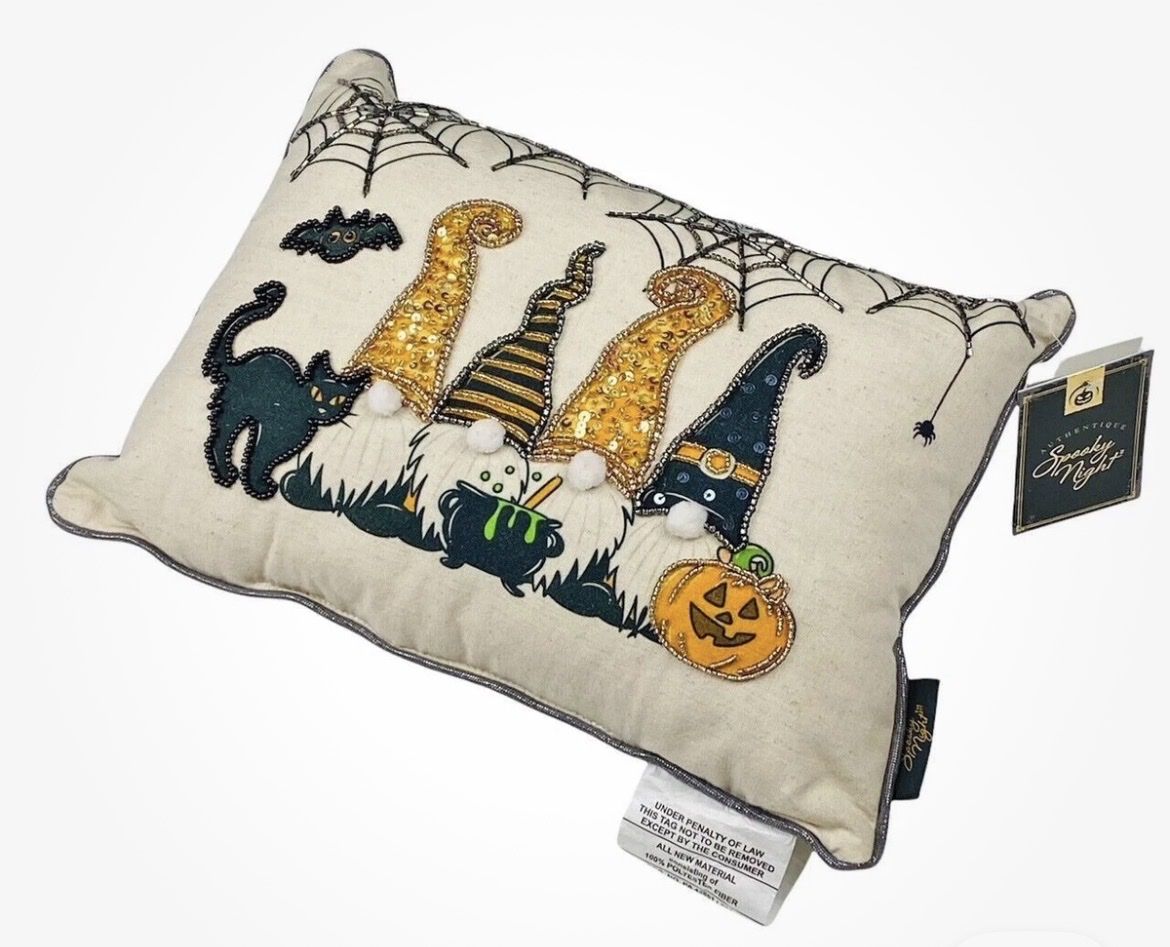 Spooky Night Halloween Gnome Witches Black Cat Pumpkin Beaded 14in Toss Pillow