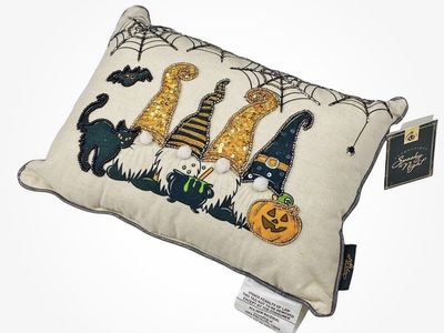 Spooky Night Halloween Gnome Witches Black Cat Pumpkin Beaded 14in Toss Pillow