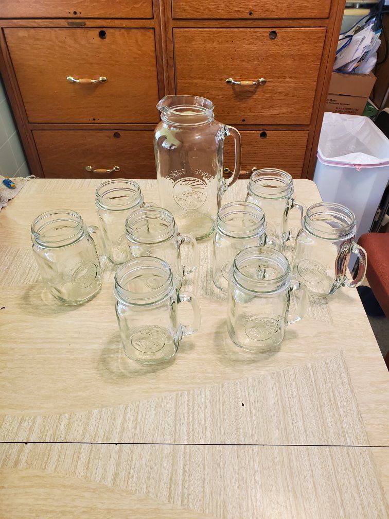 Golden Harvest Mason Jar Drinkware Set - Pitcher (48oz) & 8 Mugs (16oz) - Clear Glass
