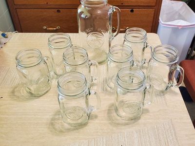 Golden Harvest Mason Jar Drinkware Set - Pitcher (48oz) & 8 Mugs (16oz) - Clear Glass