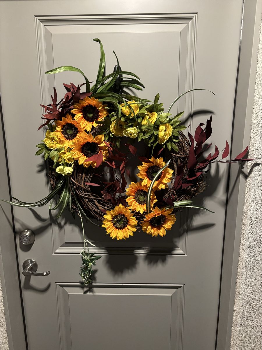 Handmade Artificial Sunflower & Leaf Grapevine Wreath - Fall Decor, Wall Hanging