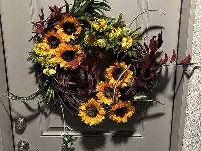Handmade Artificial Sunflower & Leaf Grapevine Wreath - Fall Decor, Wall Hanging
