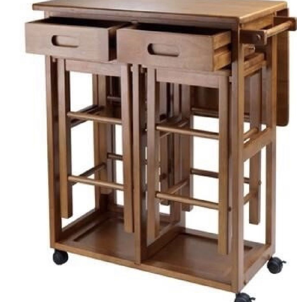 Winsome Suzanne Drop-Leaf Kitchen Cart with 2 Stools - Teak